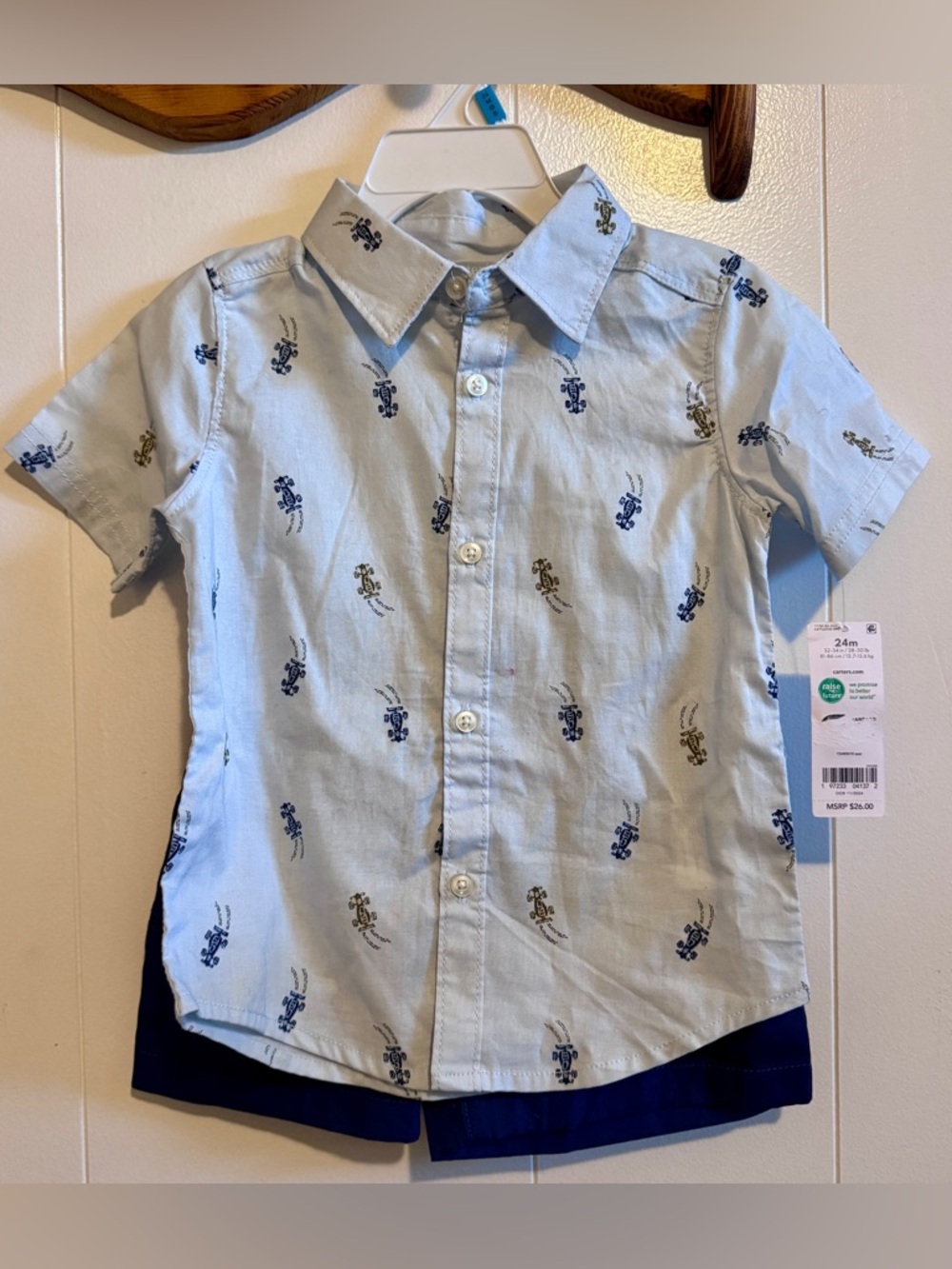 Carter's Short-Sleeve Button-Down Shirt with Race Car Print and Shorts
